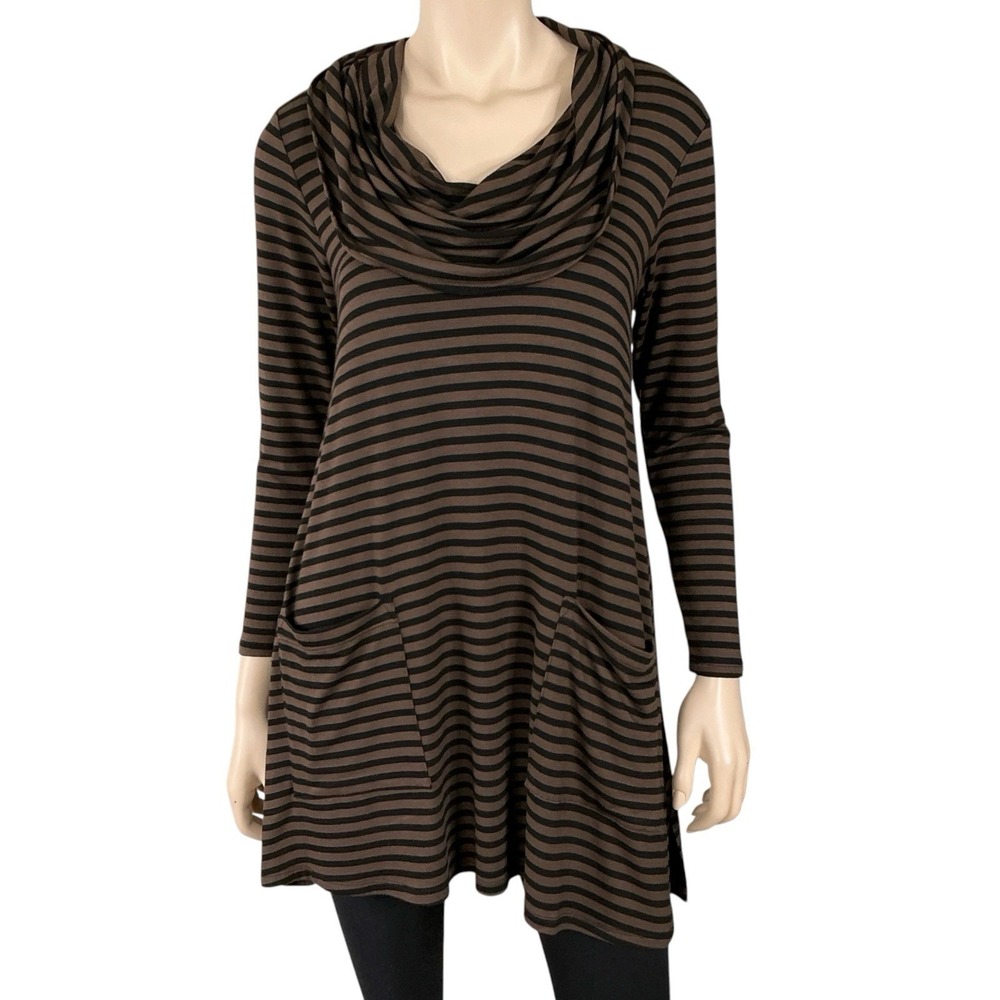 Match Point Tunic Women Small Brown Black‎ Strip Long Sleeve Modal Stretch